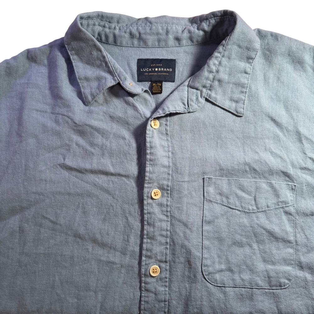 Lucky Brand Shirt XL Linen Blend Mens Light Blue Short Sleeve Button Relaxed Fit